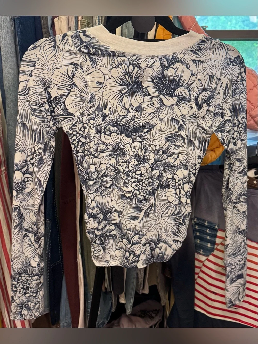 NWOT Free People FP Movement Tempo Ruched Printed Long Sleeve - navy floral - S